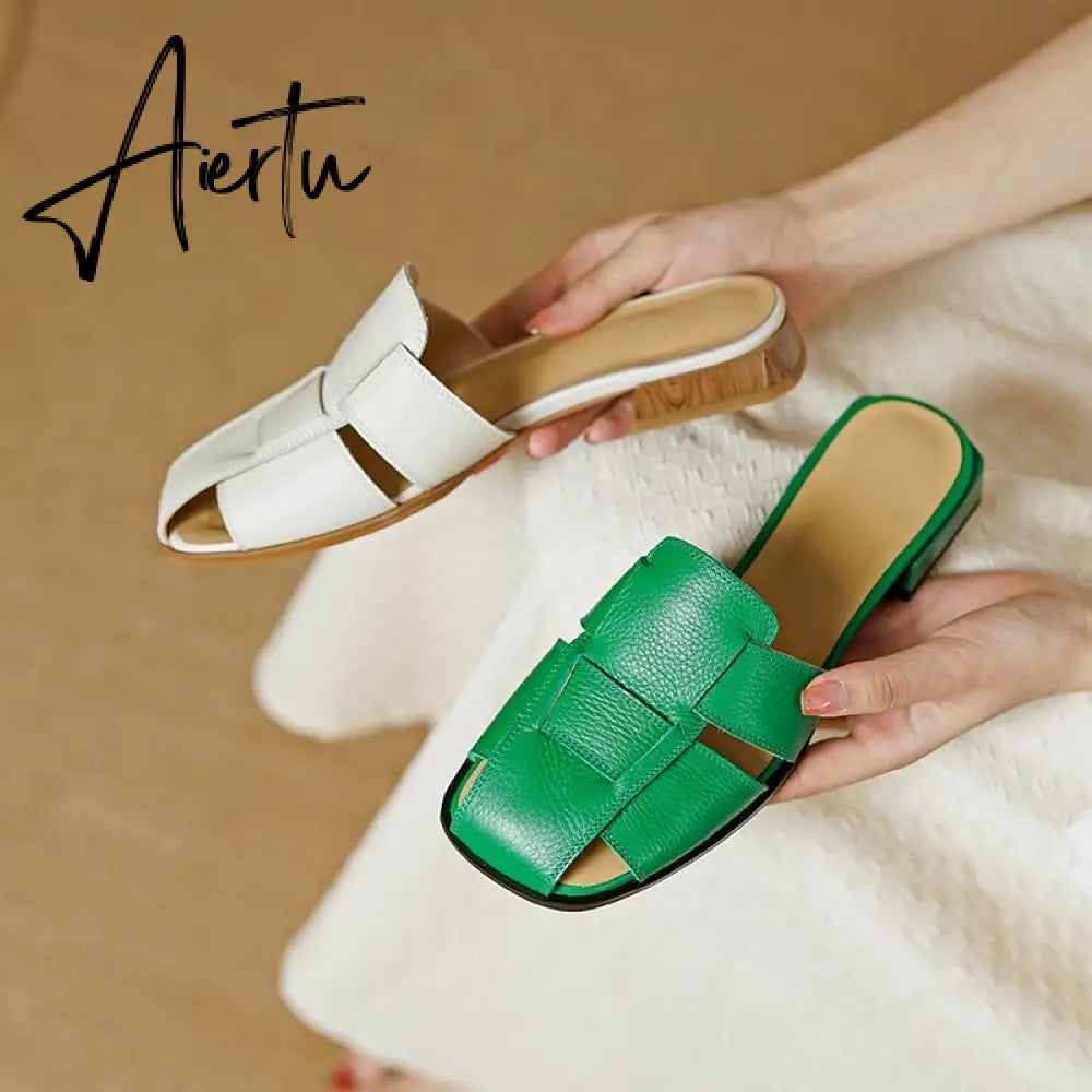 New Women Sandals Rome Style Mules Casual Slippers Spring Summer Low Heels Genuine Leather Shoes Woman Fashion Concise Aiertu