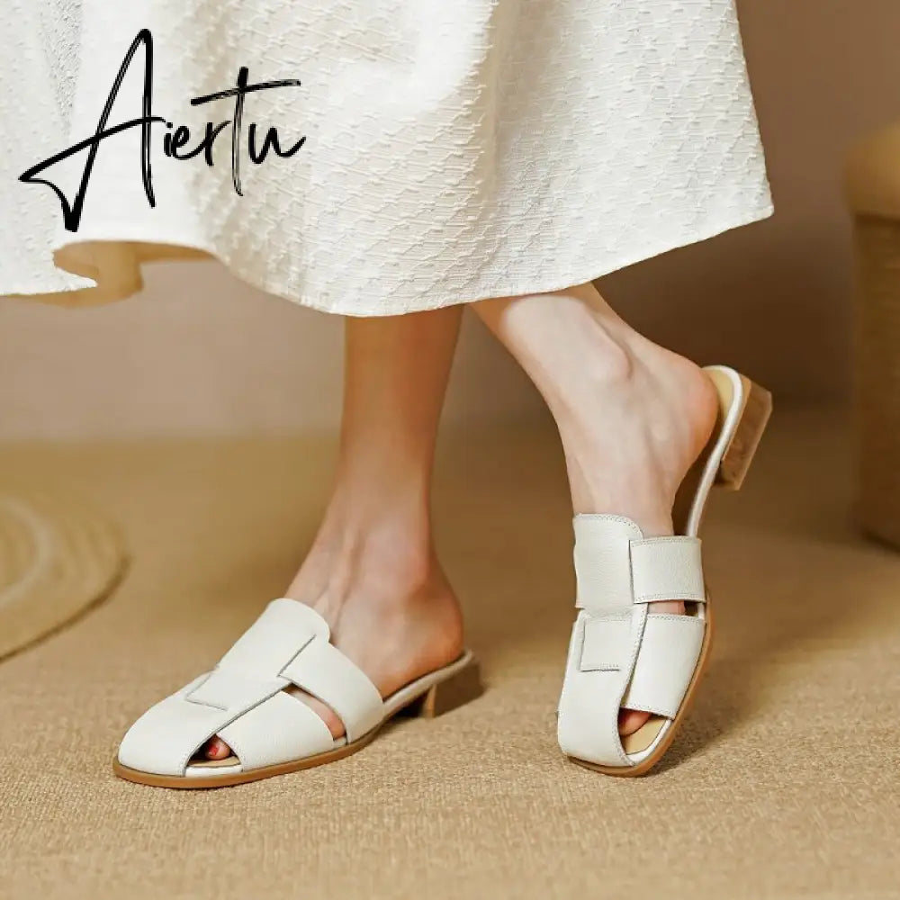 New Women Sandals Rome Style Mules Casual Slippers Spring Summer Low Heels Genuine Leather Shoes Woman Fashion Concise Aiertu