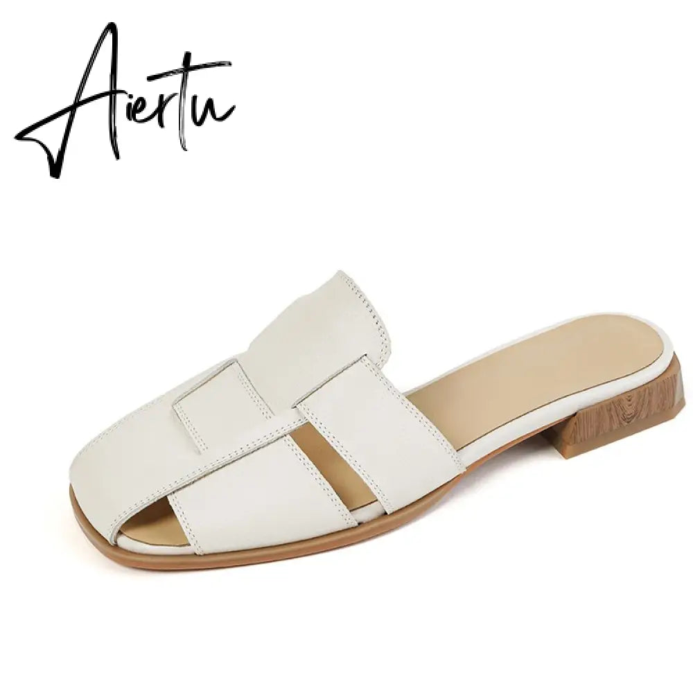 New Women Sandals Rome Style Mules Casual Slippers Spring Summer Low Heels Genuine Leather Shoes Woman Fashion Concise Aiertu