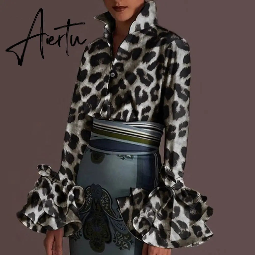 New Women Shirts Spring Summer Sexy Turn-down Collar Flare Sleeve Party Tops Office Shirt Casual  Blusas Aiertu