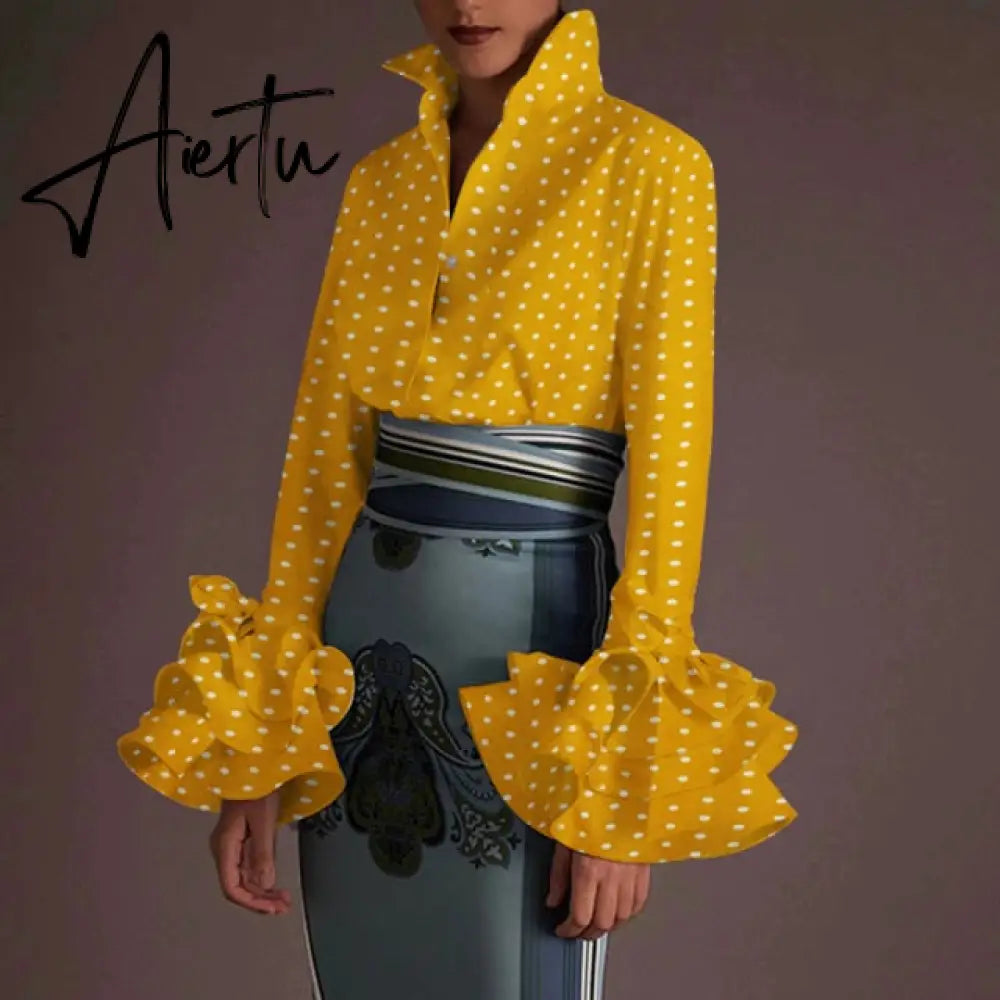 New Women Shirts Spring Summer Sexy Turn-down Collar Flare Sleeve Party Tops Office Shirt Casual  Blusas Aiertu