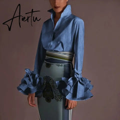 New Women Shirts Spring Summer Sexy Turn-down Collar Flare Sleeve Party Tops Office Shirt Casual  Blusas Aiertu