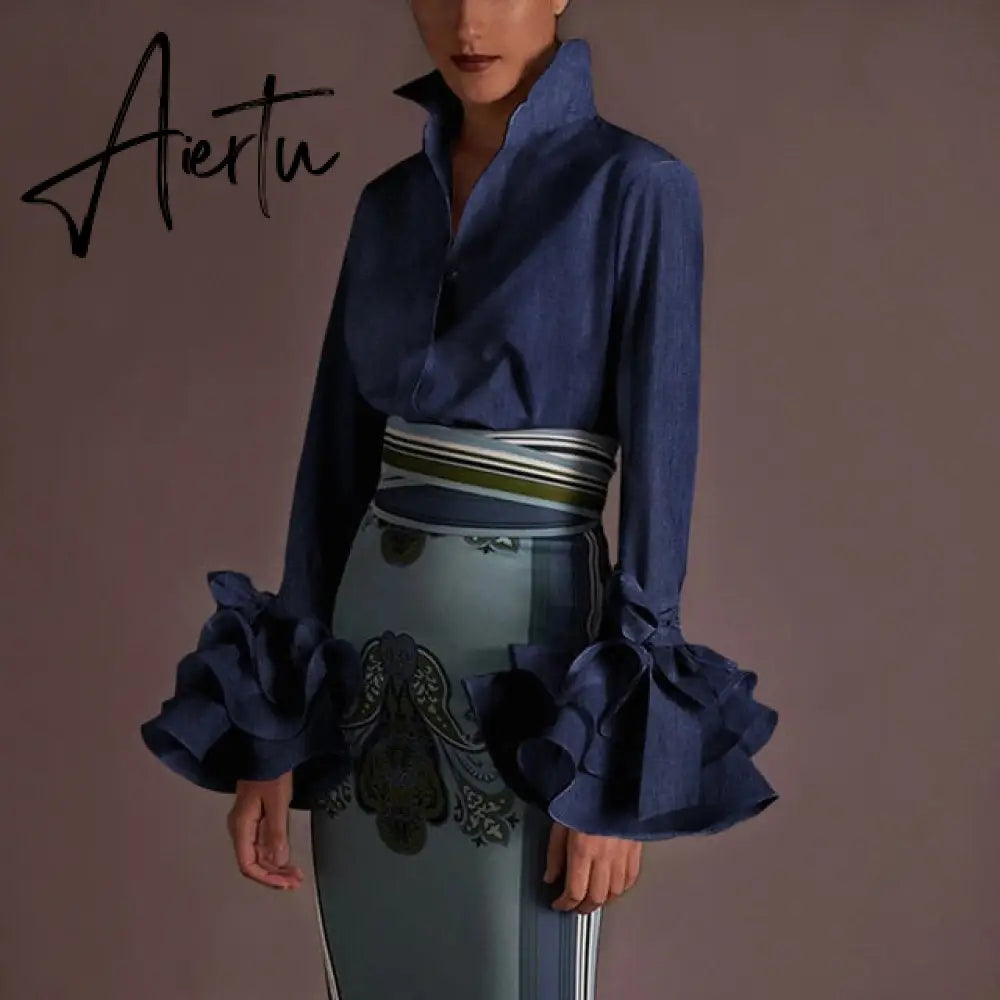 New Women Shirts Spring Summer Sexy Turn-down Collar Flare Sleeve Party Tops Office Shirt Casual  Blusas Aiertu