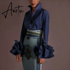 New Women Shirts Spring Summer Sexy Turn-down Collar Flare Sleeve Party Tops Office Shirt Casual  Blusas Aiertu