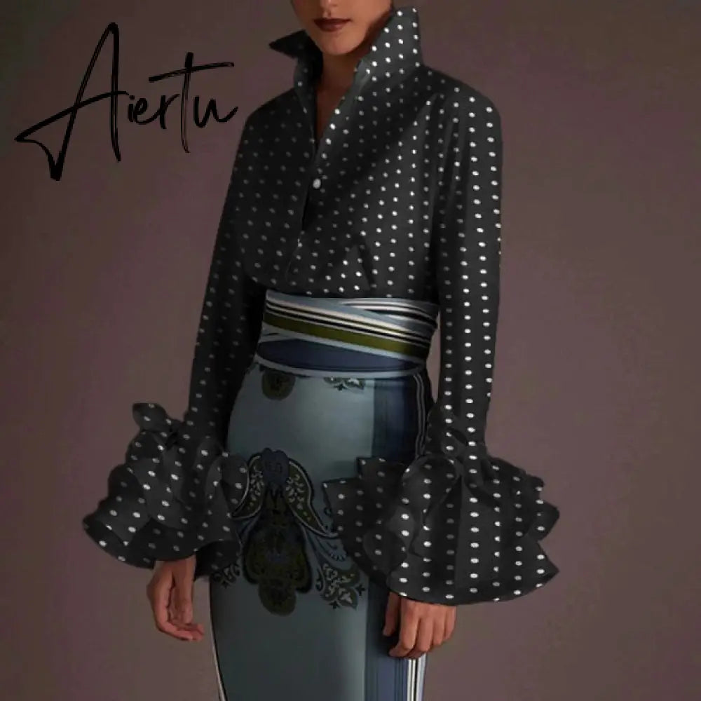 New Women Shirts Spring Summer Sexy Turn-down Collar Flare Sleeve Party Tops Office Shirt Casual  Blusas Aiertu