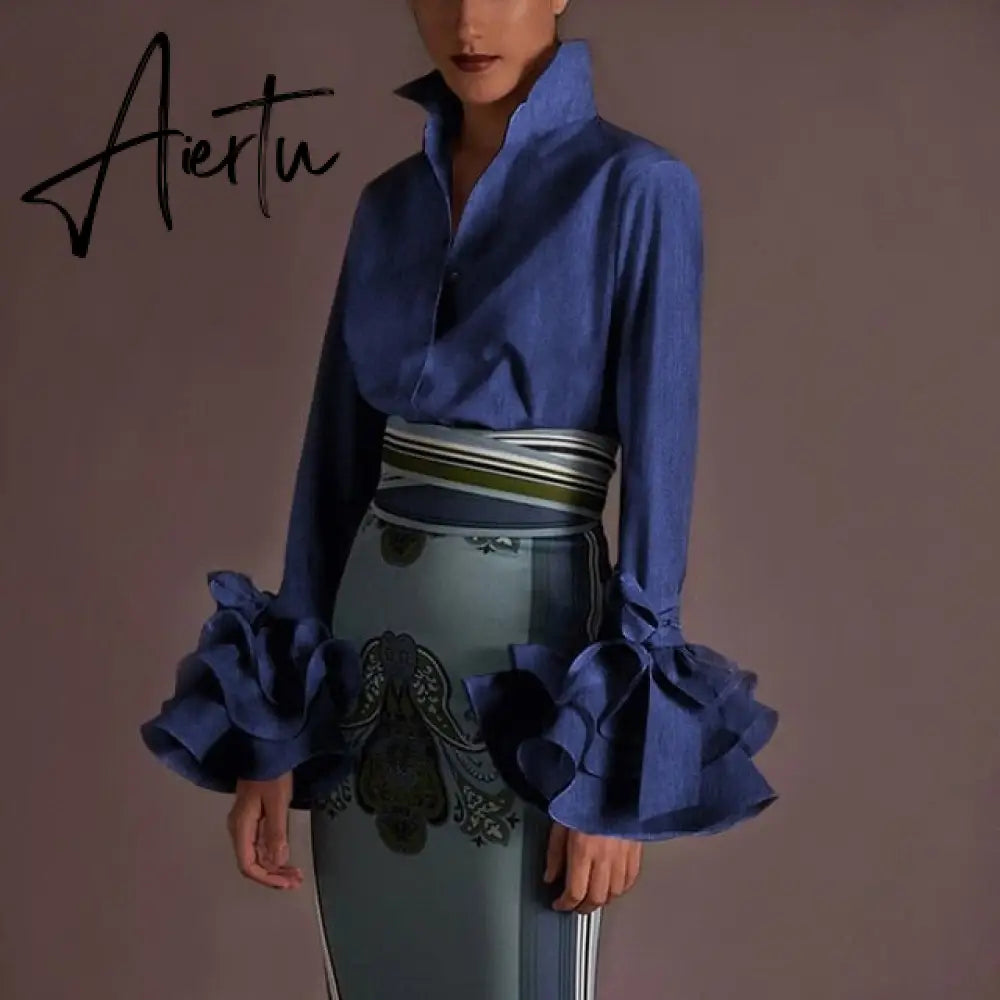 New Women Shirts Spring Summer Sexy Turn-down Collar Flare Sleeve Party Tops Office Shirt Casual  Blusas Aiertu