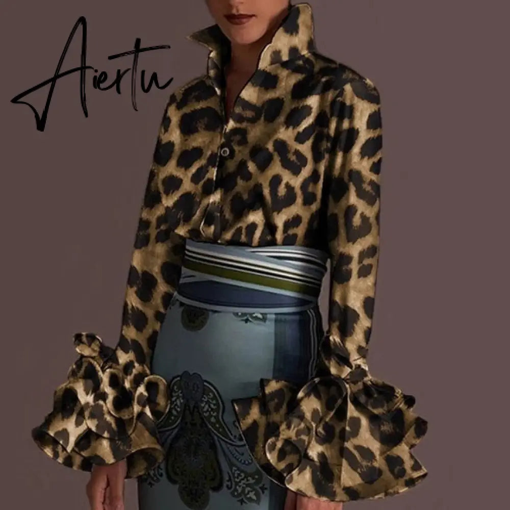 New Women Shirts Spring Summer Sexy Turn-down Collar Flare Sleeve Party Tops Office Shirt Casual  Blusas Aiertu