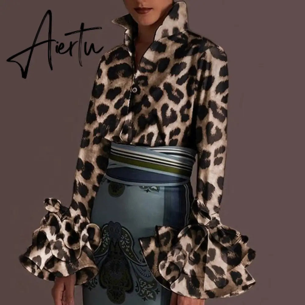 New Women Shirts Spring Summer Sexy Turn-down Collar Flare Sleeve Party Tops Office Shirt Casual  Blusas Aiertu