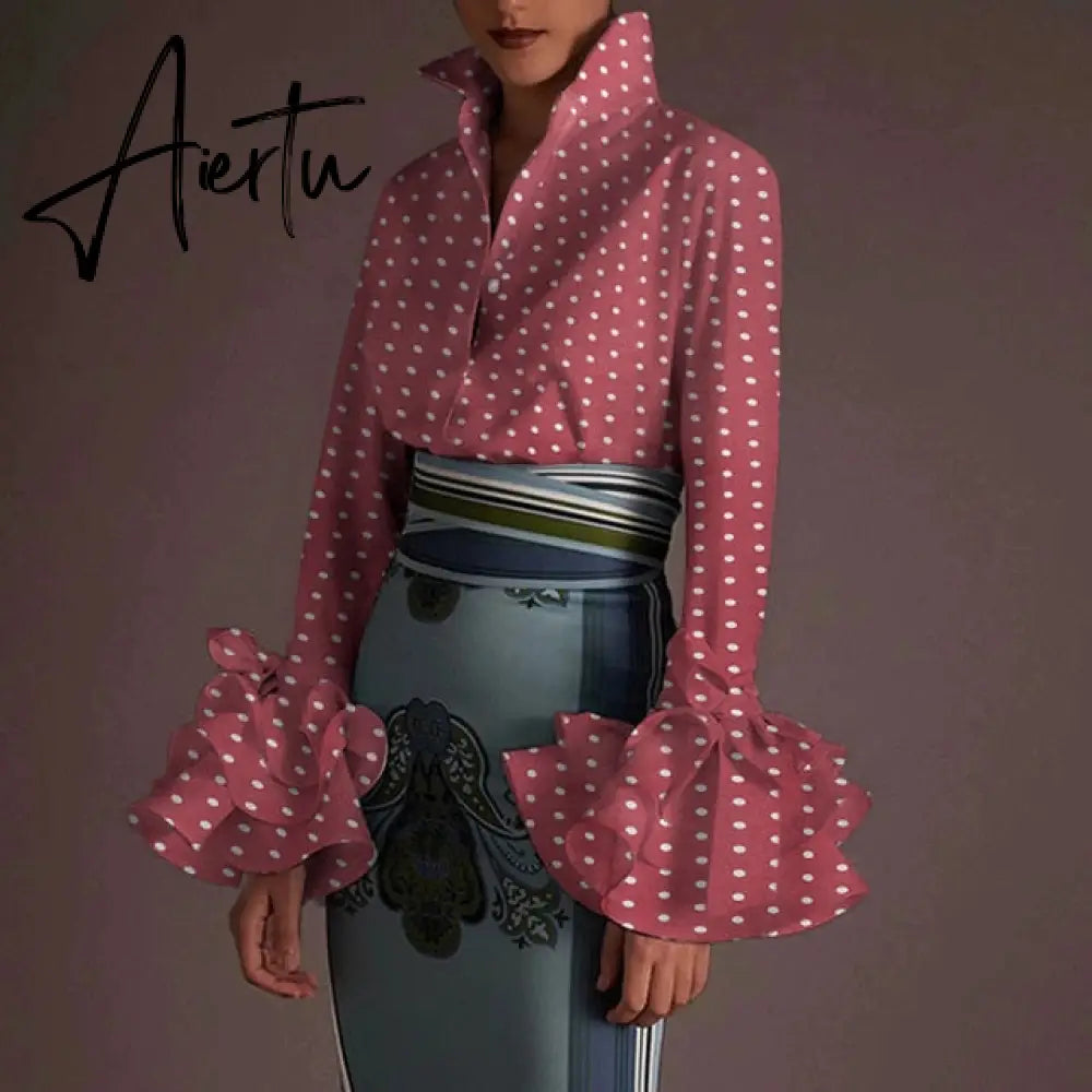 New Women Shirts Spring Summer Sexy Turn-down Collar Flare Sleeve Party Tops Office Shirt Casual  Blusas Aiertu