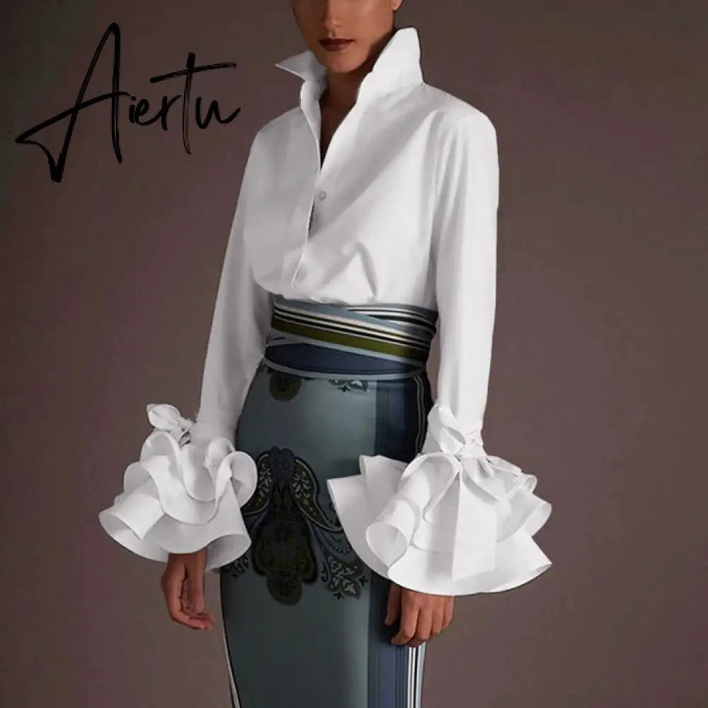 New Women Shirts Spring Summer Sexy Turn-down Collar Flare Sleeve Party Tops Office Shirt Casual  Blusas Aiertu
