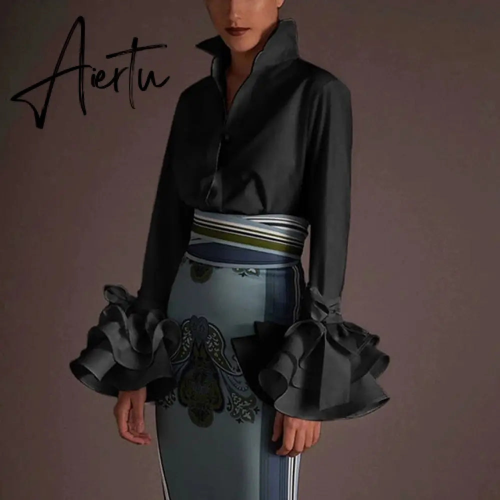 New Women Shirts Spring Summer Sexy Turn-down Collar Flare Sleeve Party Tops Office Shirt Casual  Blusas Aiertu
