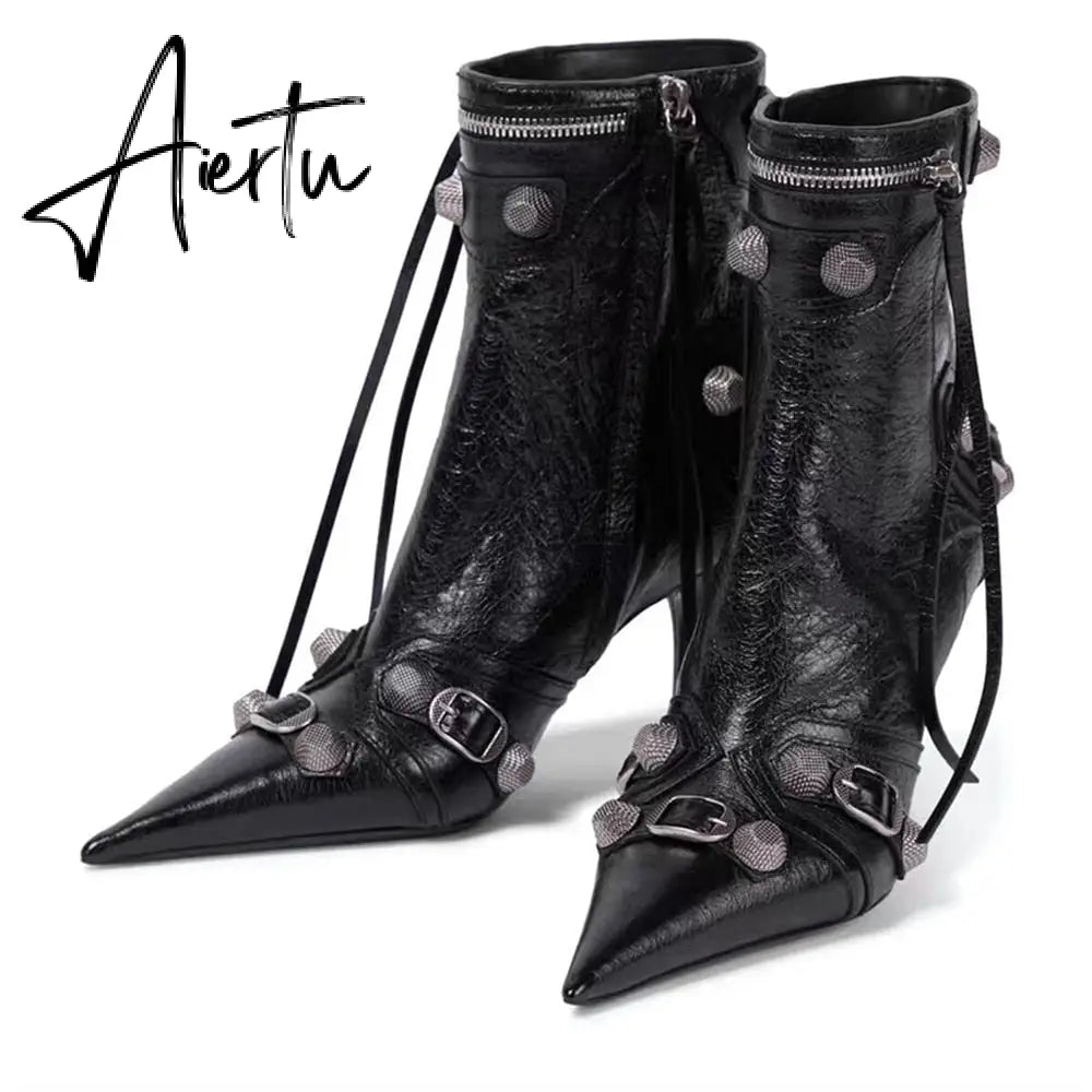 New Women Slim High Heel Metal Buckle Chain Luxury Shoes Fashion Comfortable Pointed Toe Ankle Boots Stiletto Party Short Boots Aiertu