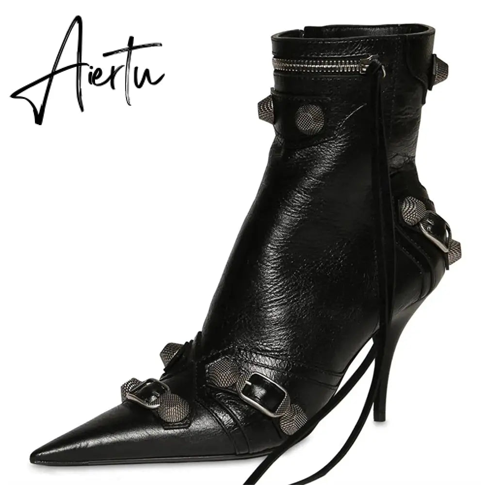 New Women Slim High Heel Metal Buckle Chain Luxury Shoes Fashion Comfortable Pointed Toe Ankle Boots Stiletto Party Short Boots Aiertu