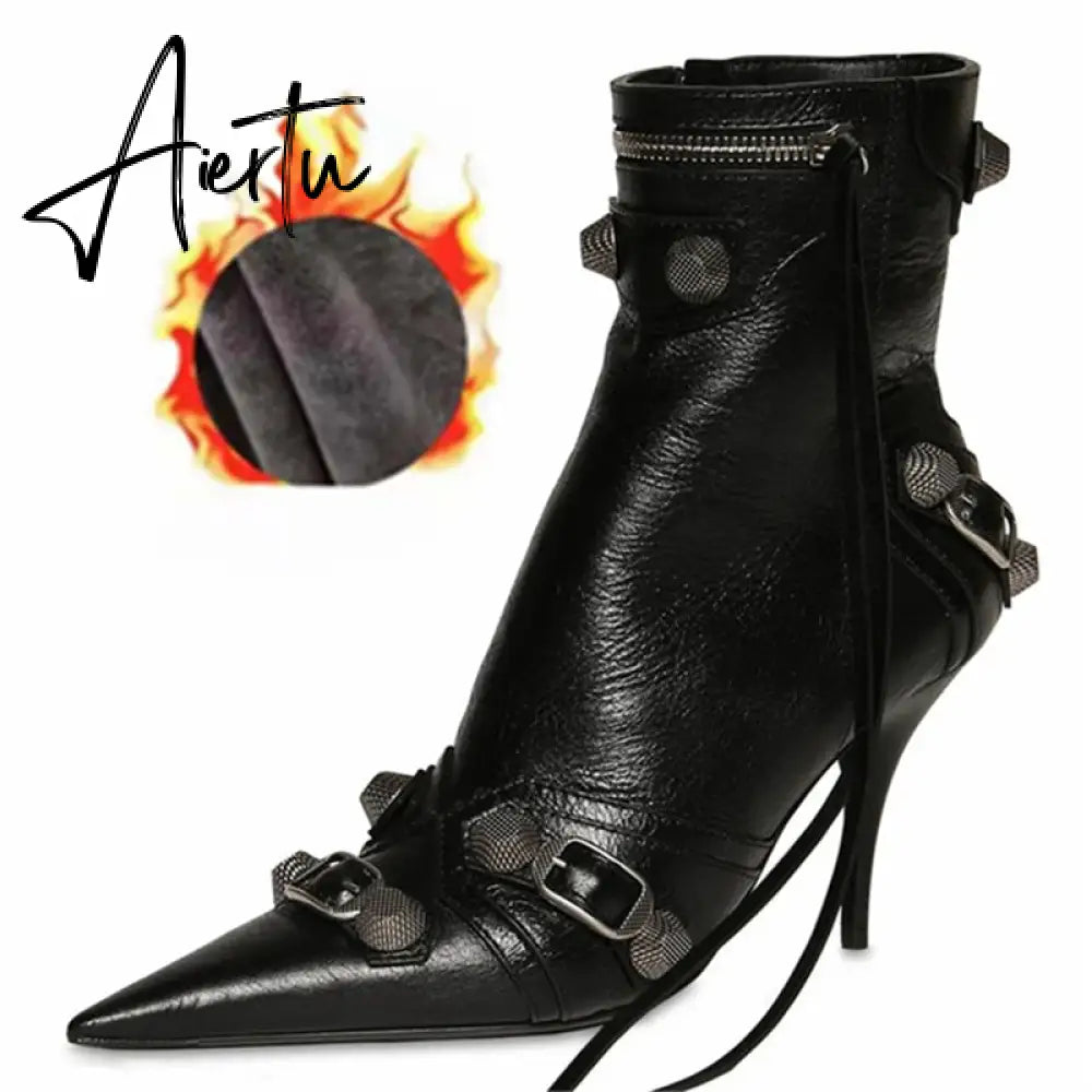 New Women Slim High Heel Metal Buckle Chain Luxury Shoes Fashion Comfortable Pointed Toe Ankle Boots Stiletto Party Short Boots Aiertu