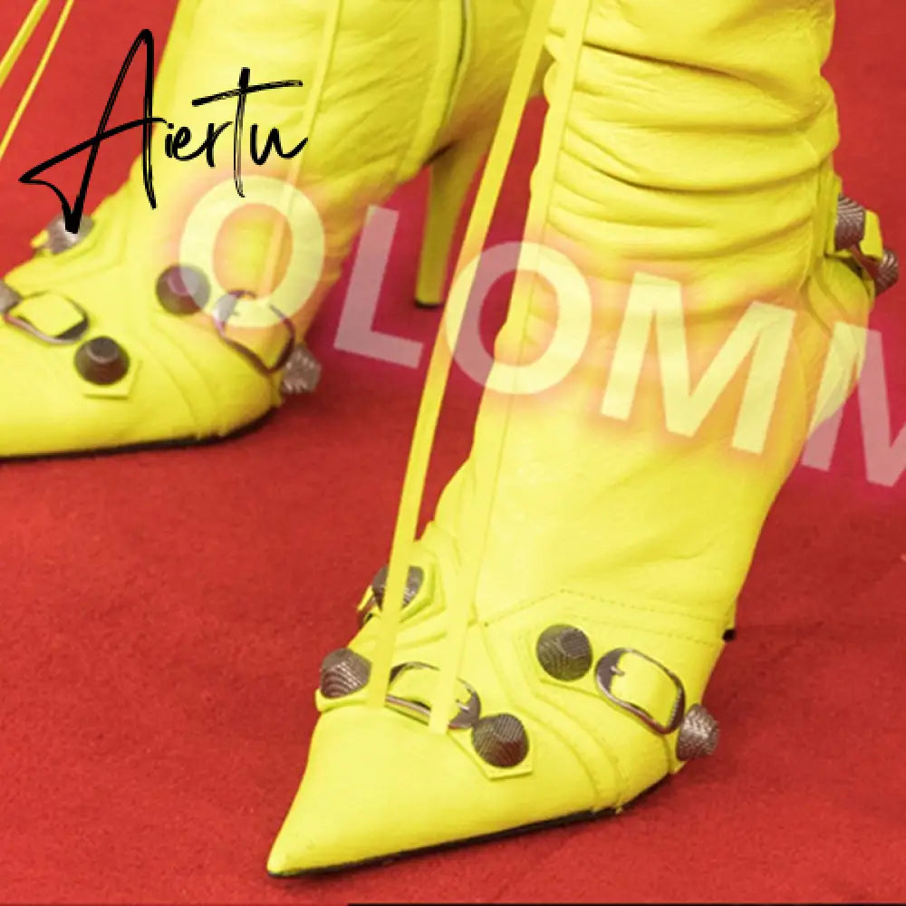 New Women Slim High Heel Metal Buckle Chain Luxury Shoes Fashion Comfortable Pointed Toe Ankle Boots Stiletto Party Short Boots Aiertu