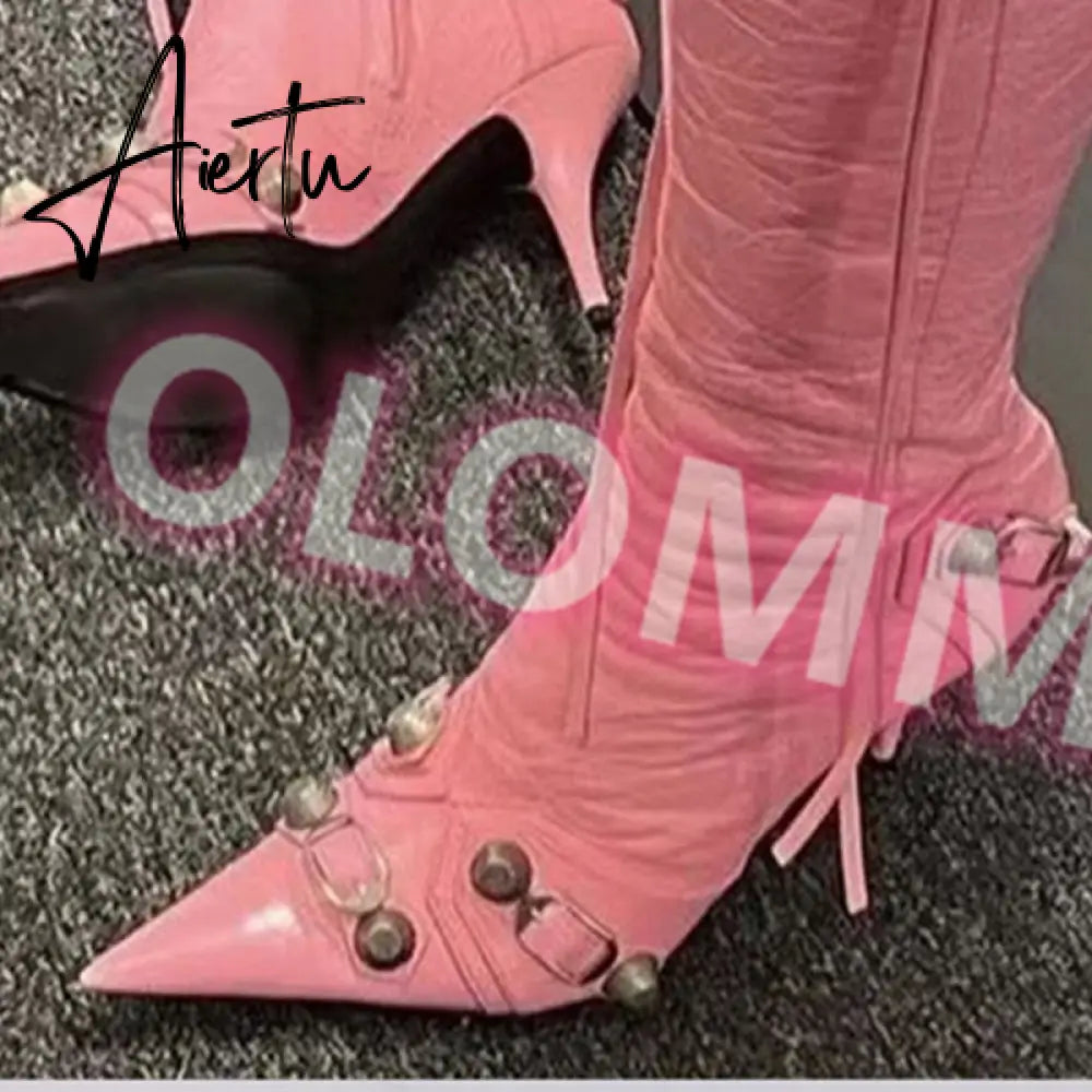 New Women Slim High Heel Metal Buckle Chain Luxury Shoes Fashion Comfortable Pointed Toe Ankle Boots Stiletto Party Short Boots Aiertu