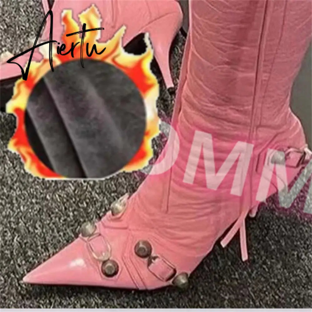 New Women Slim High Heel Metal Buckle Chain Luxury Shoes Fashion Comfortable Pointed Toe Ankle Boots Stiletto Party Short Boots Aiertu