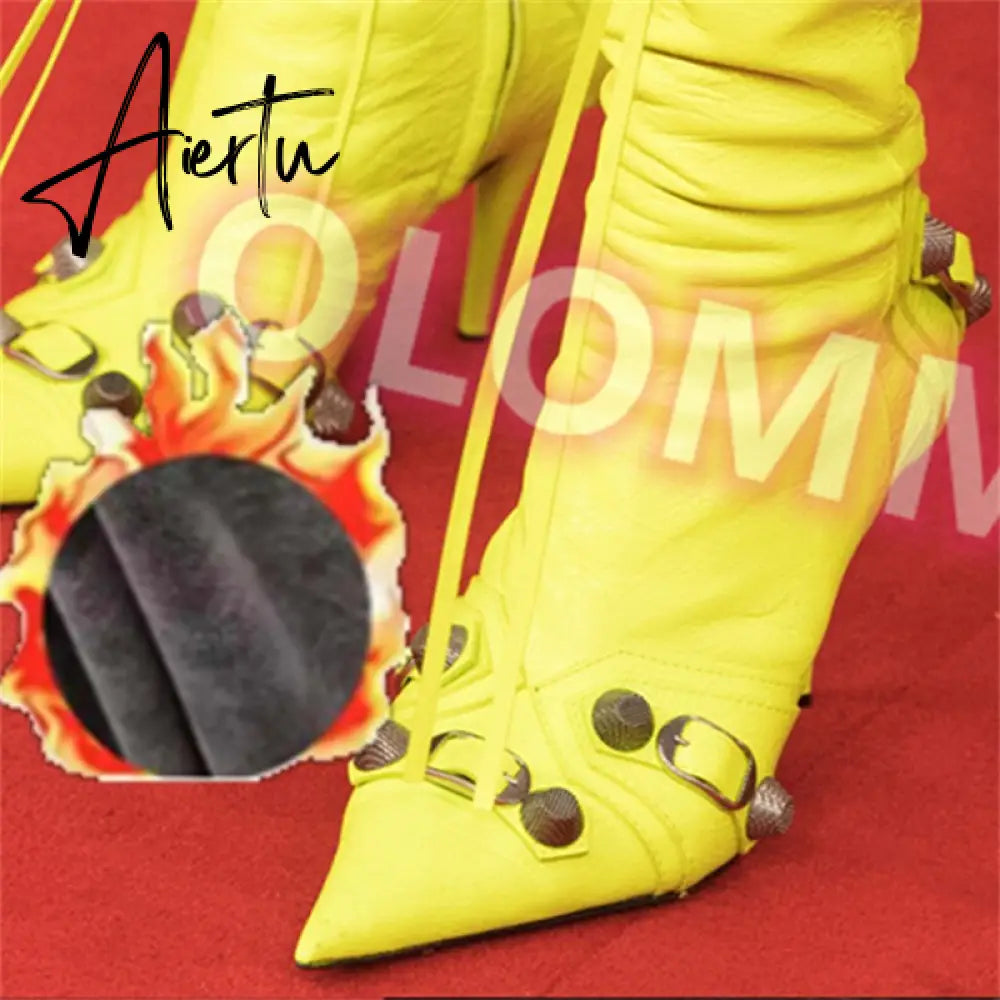 New Women Slim High Heel Metal Buckle Chain Luxury Shoes Fashion Comfortable Pointed Toe Ankle Boots Stiletto Party Short Boots Aiertu