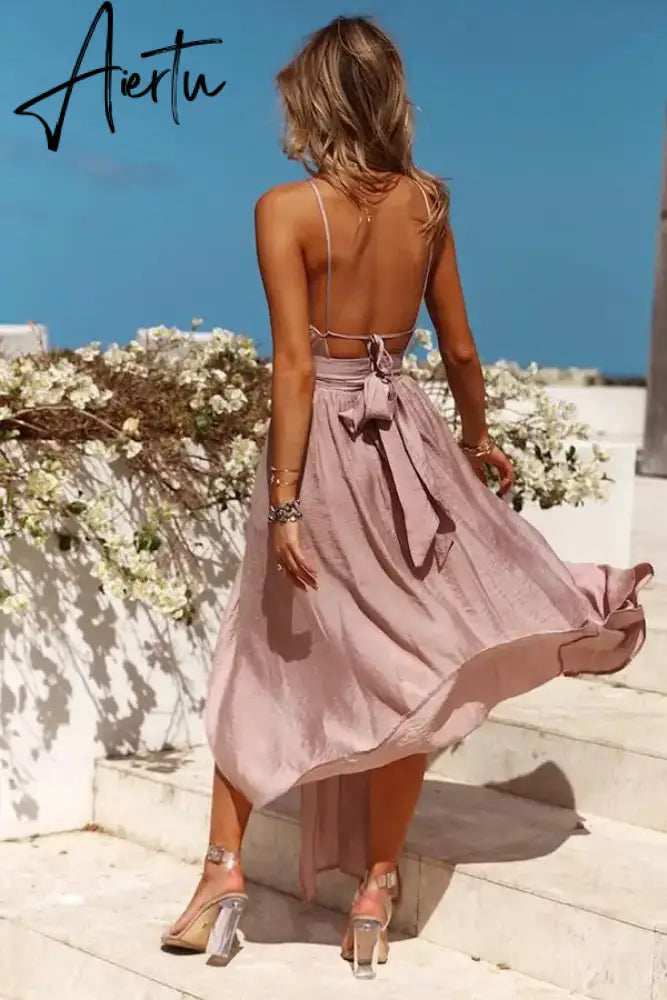 New Women Summer Boho Maxi Long Dress Evening Party Beach Dresses Sundress Backless Halter Dress Summer Aiertu