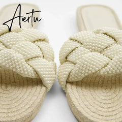 New Women's Slippers White Pearl Woven With Cotton And Linen Flat Bottom Outdoor Simple Versatile Soft Sole Sandals Aiertu