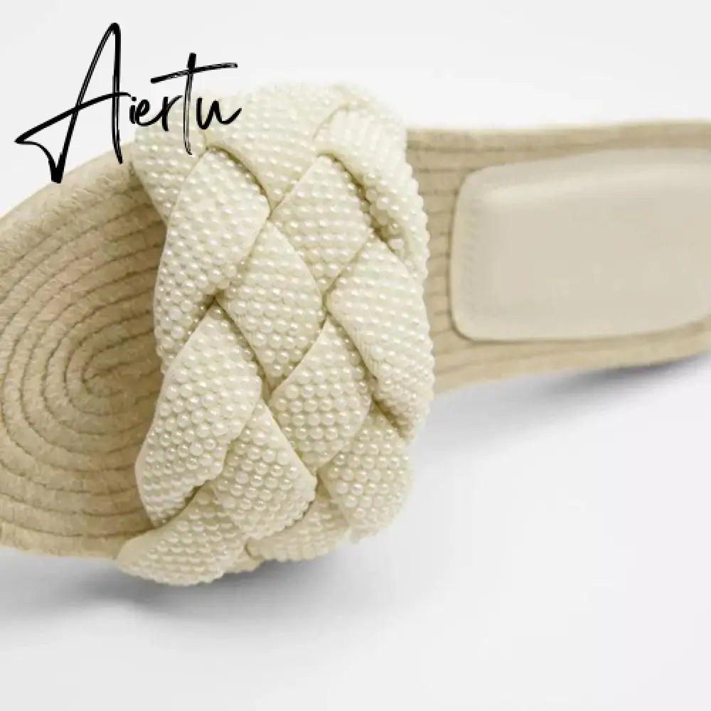 New Women's Slippers White Pearl Woven With Cotton And Linen Flat Bottom Outdoor Simple Versatile Soft Sole Sandals Aiertu