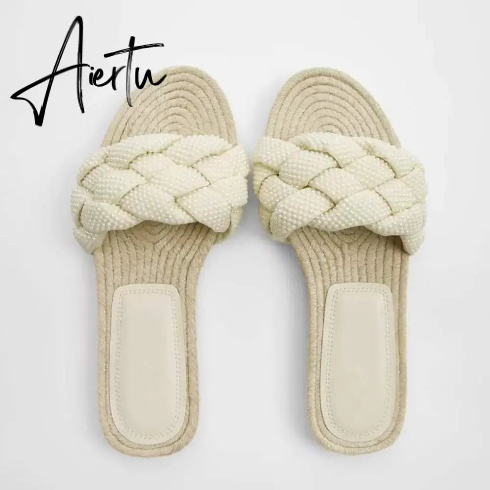 New Women's Slippers White Pearl Woven With Cotton And Linen Flat Bottom Outdoor Simple Versatile Soft Sole Sandals Aiertu