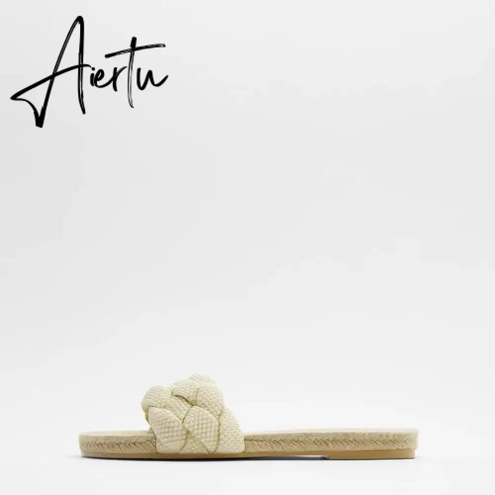 New Women's Slippers White Pearl Woven With Cotton And Linen Flat Bottom Outdoor Simple Versatile Soft Sole Sandals Aiertu