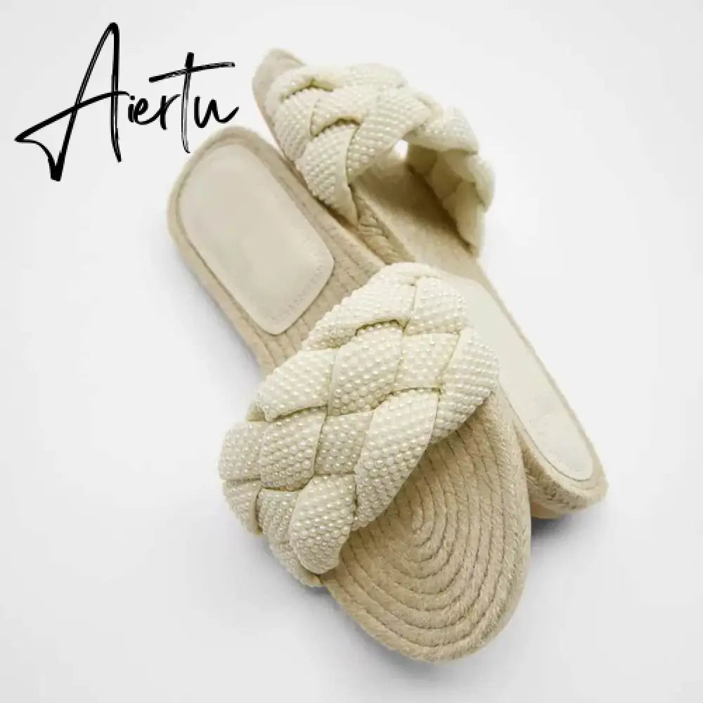 New Women's Slippers White Pearl Woven With Cotton And Linen Flat Bottom Outdoor Simple Versatile Soft Sole Sandals Aiertu