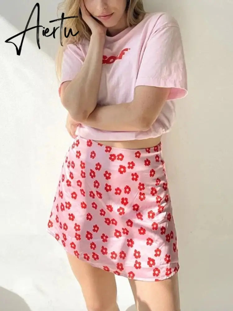 New Y2k Satin Floral Mini Skirts With Shorts High Waist Pink Summer Boho Sweet Style Skirt For Women Harajuku E-girl Aiertu