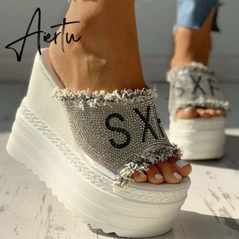 Newest Drop Ship Crystals Wedges High Heels Leisure Summer Sandal Woman Shoes Women Platform Mules Slippers Aiertu