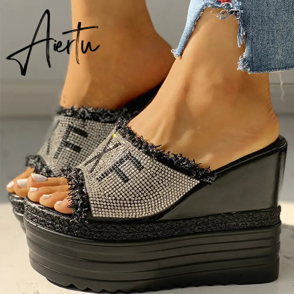 Newest Drop Ship Crystals Wedges High Heels Leisure Summer Sandal Woman Shoes Women Platform Mules Slippers Aiertu