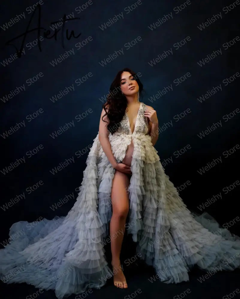 Newest Hi Low Gradient Colorful Tulle Dresses Front Open Tiered Ruffled Sleeves Long Maternity Robes With Train For Photography Aiertu