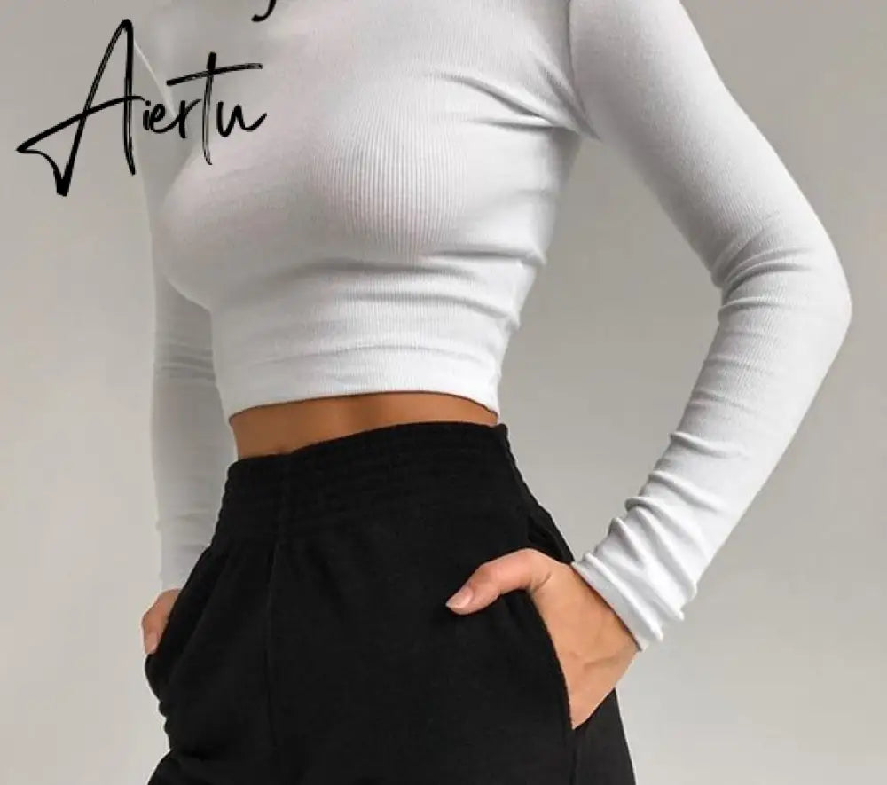 O Neck Long Sleeve Shirt Women Ribbed Sexy Cropped Tops Spring Black Casual Skinny Slim Basic Woman T Shirts White Aiertu