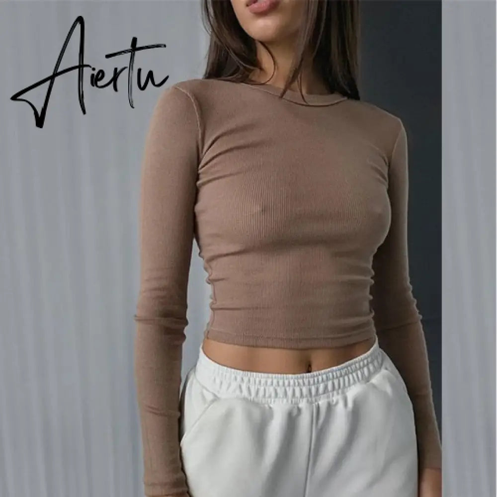 O Neck Long Sleeve Shirt Women Ribbed Sexy Cropped Tops Spring Black Casual Skinny Slim Basic Woman T Shirts White Aiertu