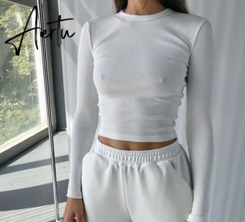 O Neck Long Sleeve Shirt Women Ribbed Sexy Cropped Tops Spring Black Casual Skinny Slim Basic Woman T Shirts White Aiertu