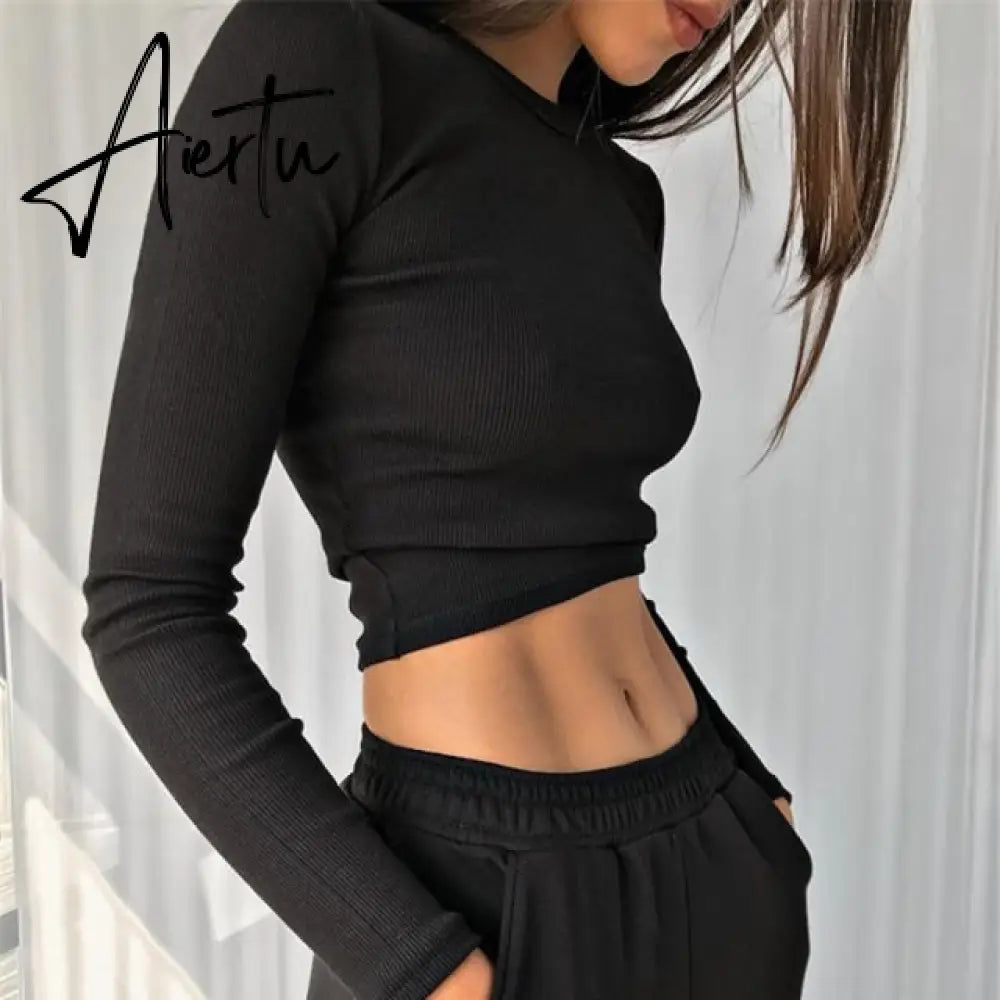 O Neck Long Sleeve Shirt Women Ribbed Sexy Cropped Tops Spring Black Casual Skinny Slim Basic Woman T Shirts White Aiertu