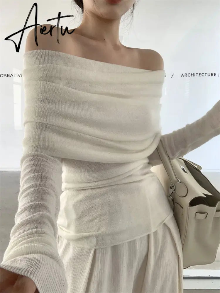 Off-the-shoulder French One-shoulder Sweater Women's New Design Autumn Winter Knitt Undershirts Aiertu