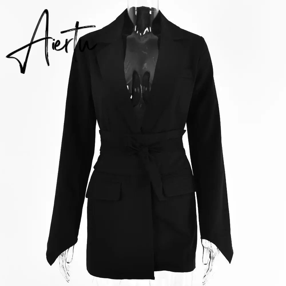 Office Ladies Blazer Dress Women Suits with Belt Outerwear Women's Jackets Long Sleeve Elegant White Black Jacket Female Aiertu