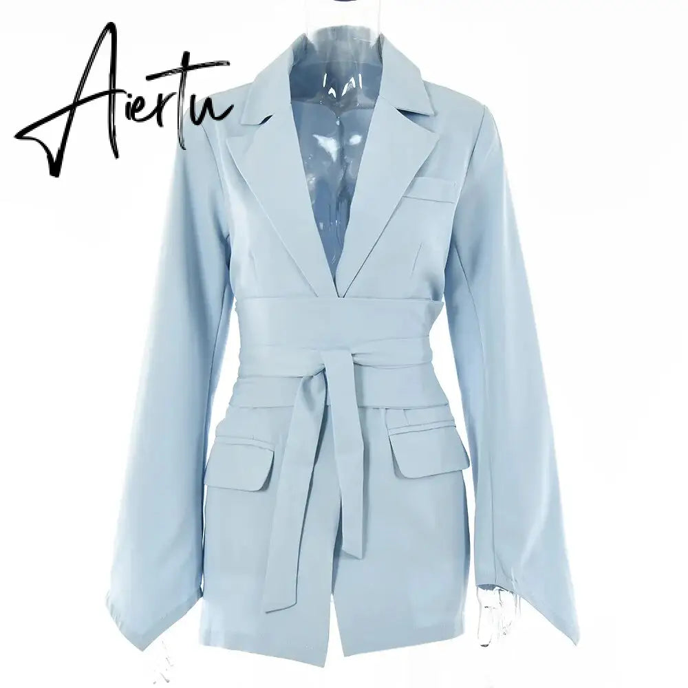 Office Ladies Blazer Dress Women Suits with Belt Outerwear Women's Jackets Long Sleeve Elegant White Black Jacket Female Aiertu