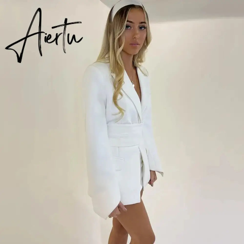 Office Ladies Blazer Dress Women Suits with Belt Outerwear Women's Jackets Long Sleeve Elegant White Black Jacket Female Aiertu