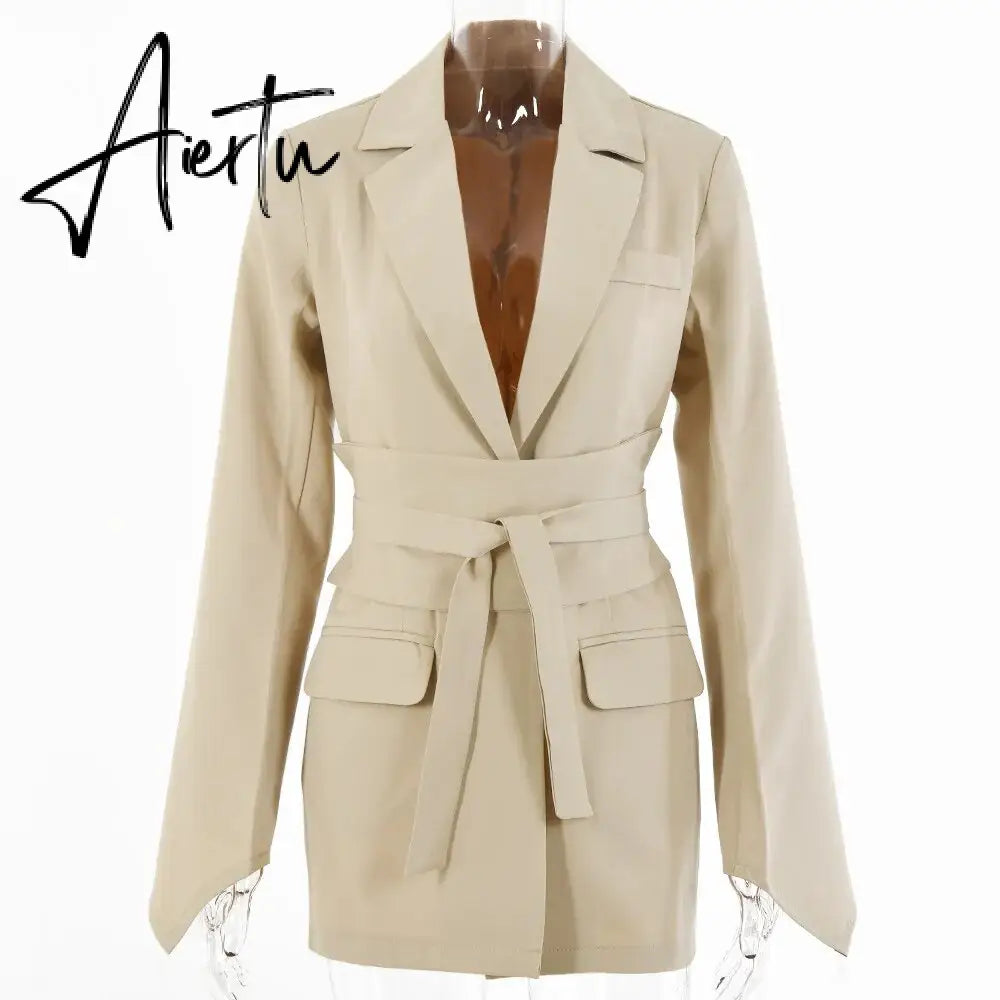 Office Ladies Blazer Dress Women Suits with Belt Outerwear Women's Jackets Long Sleeve Elegant White Black Jacket Female Aiertu