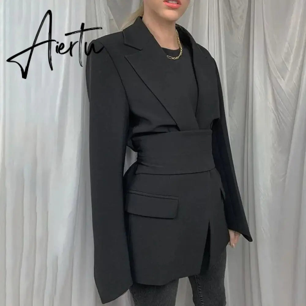 Office Ladies Blazer Dress Women Suits with Belt Outerwear Women's Jackets Long Sleeve Elegant White Black Jacket Female Aiertu