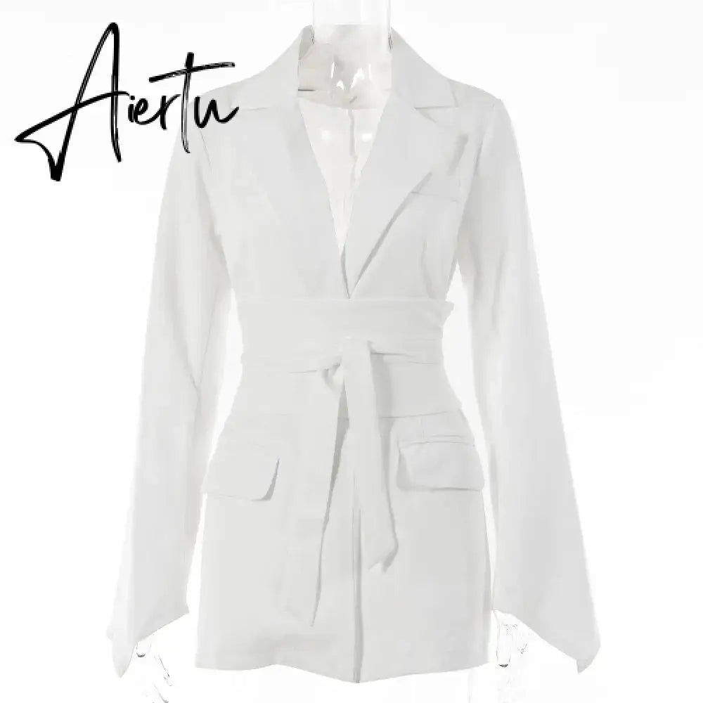 Office Ladies Blazer Dress Women Suits with Belt Outerwear Women's Jackets Long Sleeve Elegant White Black Jacket Female Aiertu