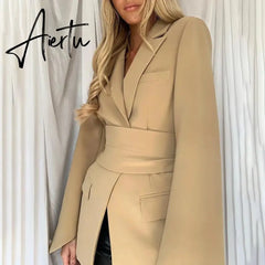 Office Ladies Blazer Dress Women Suits with Belt Outerwear Women's Jackets Long Sleeve Elegant White Black Jacket Female Aiertu