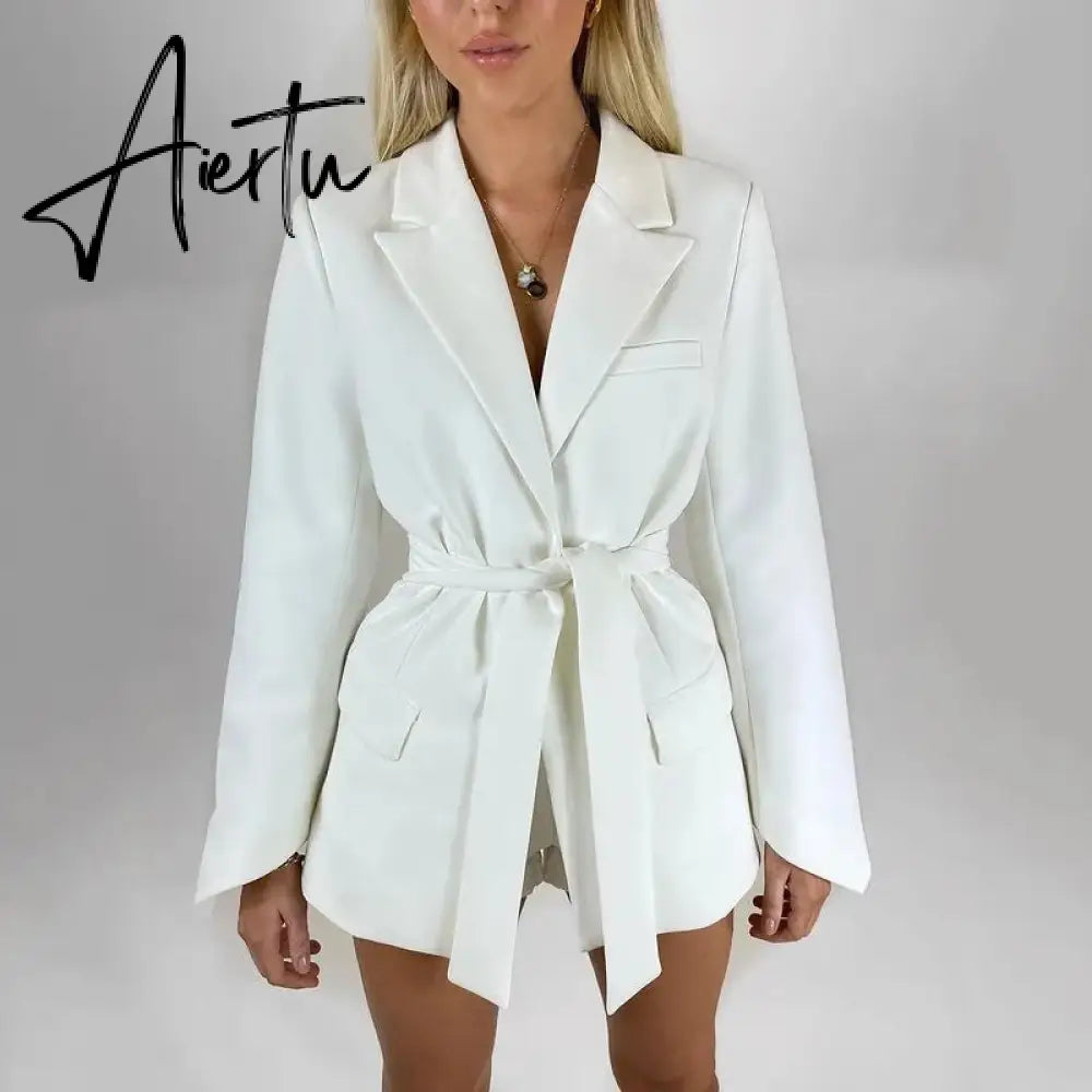 Office Ladies Blazer Dress Women Suits with Belt Outerwear Women's Jackets Long Sleeve Elegant White Black Jacket Female Aiertu