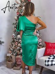 One Shoulder Ruched Midi Women Party Satin Dress Christmas Irregular Flare Sleeve Sexy Green Silk Elegant Aiertu