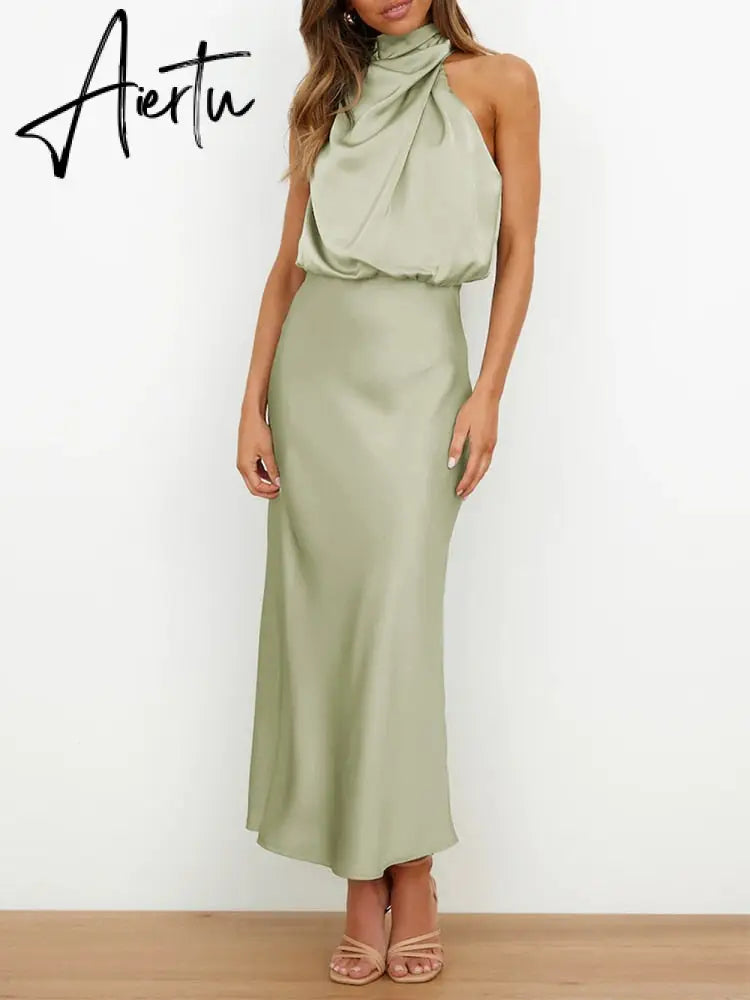 One Shoulder Turtleneck Tank Satin Women Party Dress Robe Zip Sleeveless Elegant Vintage Folds Women Clothing Aiertu