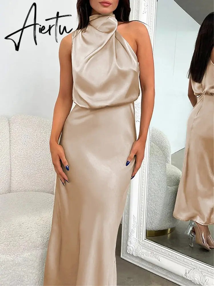 One Shoulder Turtleneck Tank Satin Women Party Dress Robe Zip Sleeveless Elegant Vintage Folds Women Clothing Aiertu