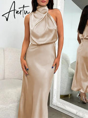 One Shoulder Turtleneck Tank Satin Women Party Dress Robe Zip Sleeveless Elegant Vintage Folds Women Clothing Aiertu