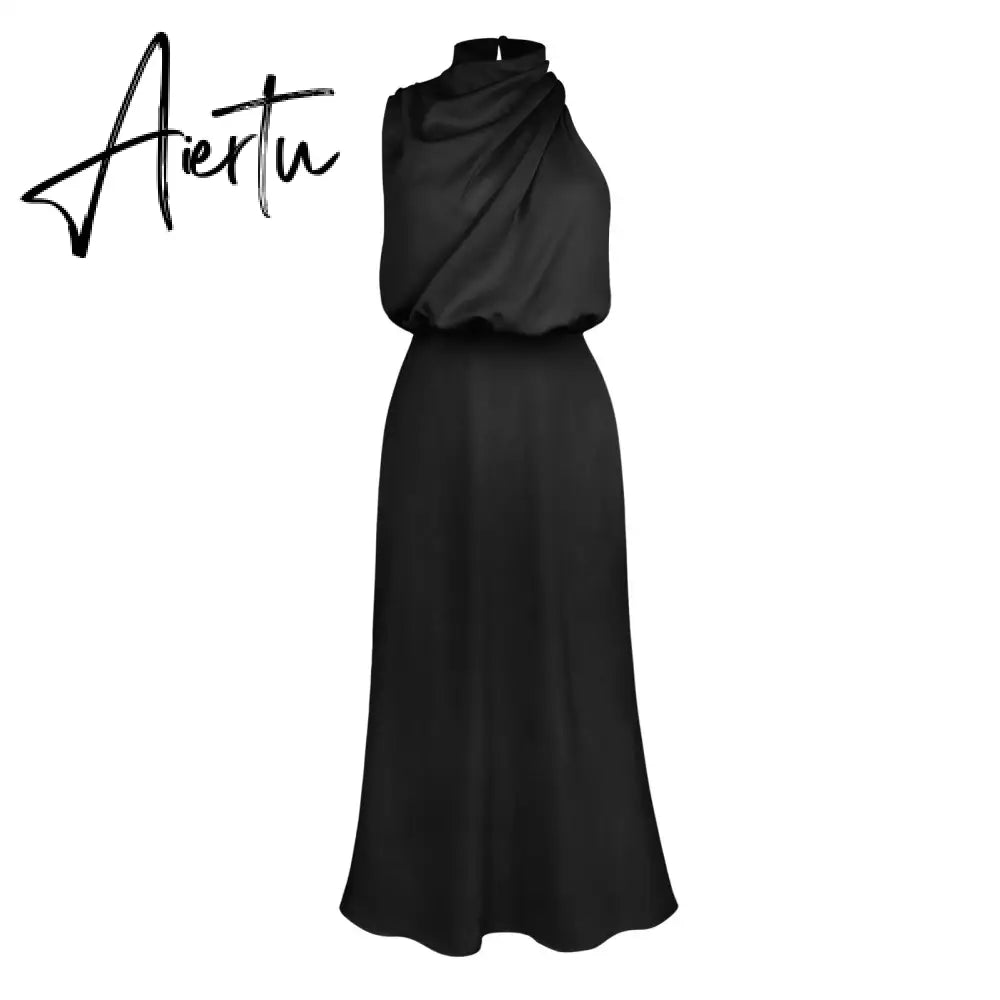 One Shoulder Turtleneck Tank Satin Women Party Dress Robe Zip Sleeveless Elegant Vintage Folds Women Clothing Aiertu